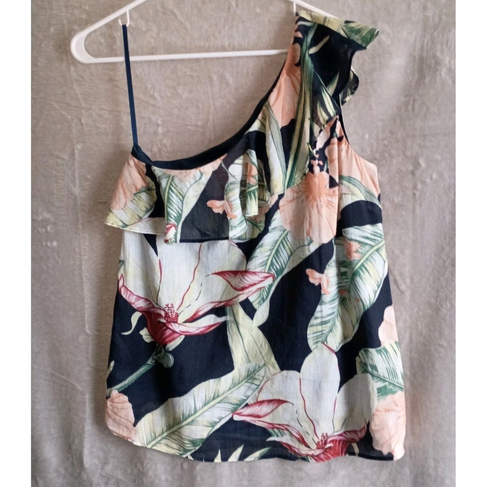 Ann Taylor Floral One Shoulder Ruffle‎ Ramie Blend Top/Blouse/Shirt Size S